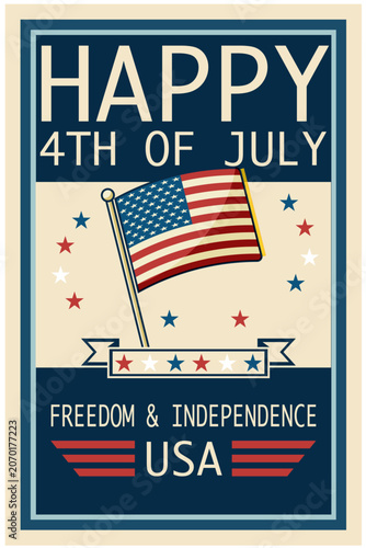 Happy 4th of July retro style poster with flag and fringe, US Independence Day element