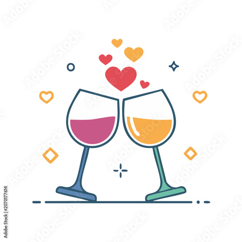 Clinking Wine Glasses with Hearts Flat Vector Illustration