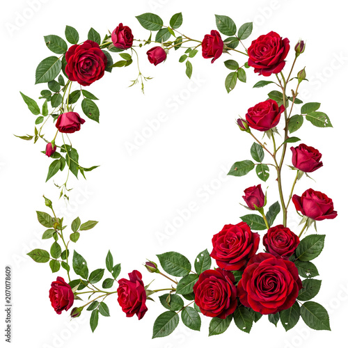 Exquisite red roses and verdant green leaves arranged as a charming circular frame on a transparent background.