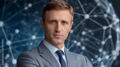 Professional man stands confidently in front of digital network background with connections and data points