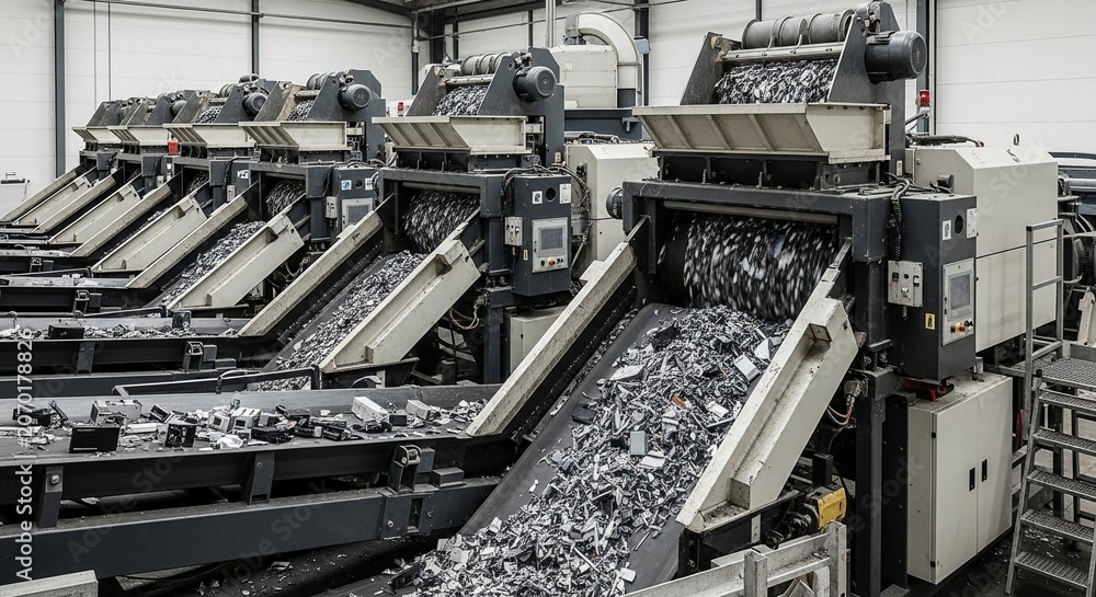 Fototapeta premium Industrial E-Waste Shredding Machines in Operation Processing Recycled Electronic Components