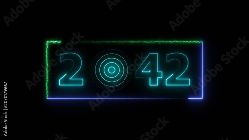 42 years neon bright number text radio wave red color 4k illustration. New year celebration number. Black background 4k illustration.