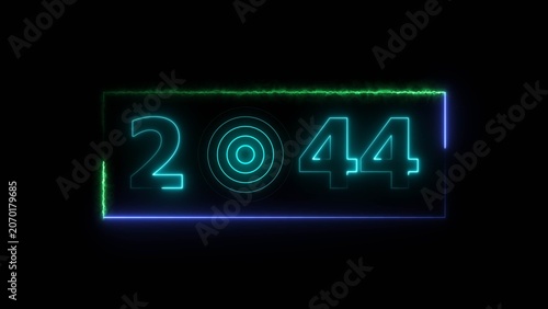44 years neon bright number text radio wave red color 4k illustration. New year celebration number. Black background 4k illustration.