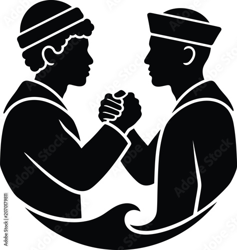 Bild auf Leinwand Two Sailors Shaking Hands Silhouette Icon for Marine Themed Design