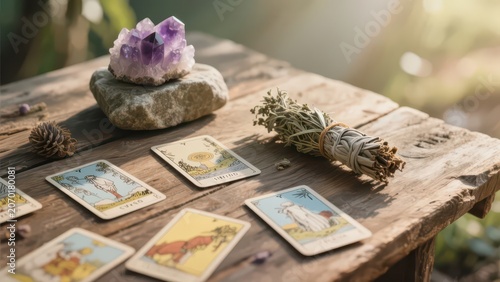Tarot cards, amethyst cluster and white sage bundle laid on outdoor weathered wood table, natural light mysterious healing divination meditation still life photography material