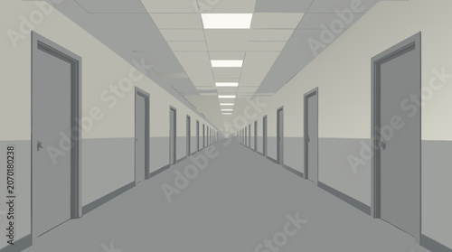 Endless office hallway representing the abstract backrooms concept, haunting flat vector illustration of a repetitive corridor with fluorescent lights on a light background for mystery themes.