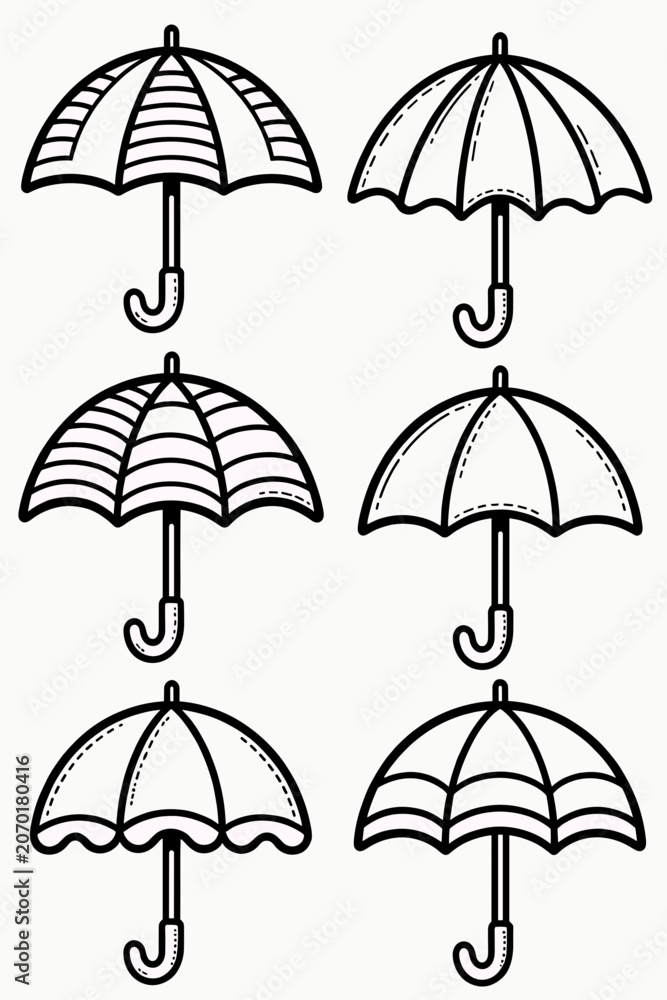 Obraz premium A clean black-and-white set of six hand-drawn umbrella icons, each featuring a distinct canopy pattern and curved handle.