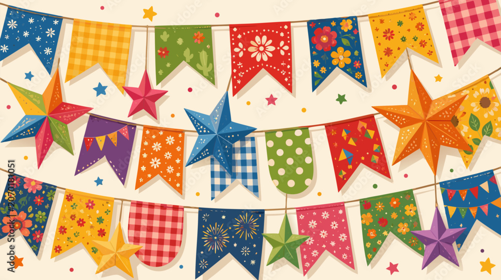Fototapeta premium Colorful festive hanging bunting flags and decorative paper stars for Festa Junina celebration, vibrant flat vector illustration on a light background for Brazilian folk festival party design.