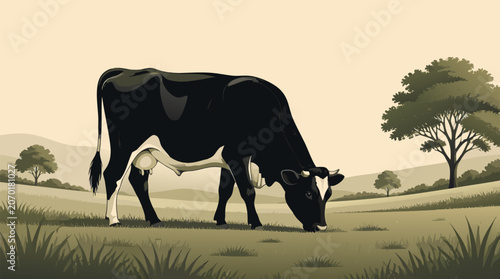 Minimalist flat vector illustration of a cow silhouette grazing peacefully in a rural meadow, perfect for organic farming, dairy production, and sustainable agriculture concepts. Nature backdrop.