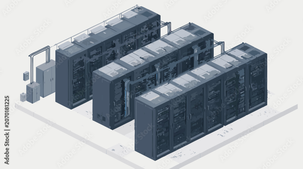 Fototapeta premium Massive Digital Data Center Server Racks in Isometric View, Flat Vector Illustration of Cloud Computing Infrastructure, Network Hosting Hardware and Information Storage Technology Facility.