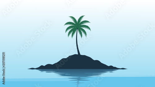 Minimalist silhouette of a tropical desert island with a single palm tree in a clean flat vector illustration. Evokes themes of vacation, travel, solitude, paradise, and summer relaxation.