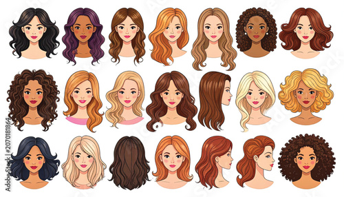 Diverse cartoon women with various hairstyles.