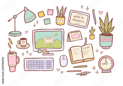 Office supplies and Back to school cute collection. Hand drawn kawaii vector elements set for work and education.