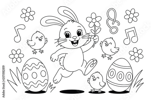 Happy easter coloring page featuring rabbit chicks and eggs coloring activity