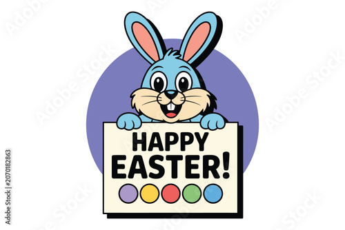 Happy easter greeting card design with blue bunny holding sign, greeting