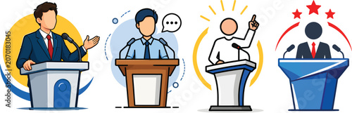 Konstfotografi Public Speaking and Presentation Set Speaker Vectors on Podium with Microphone