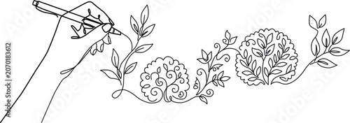 Continuous line drawing of a hand drawing a floral pattern with trees and leaves isolated on white background
