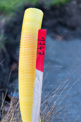 Wooden pole with a mark and next to it yellow conduit