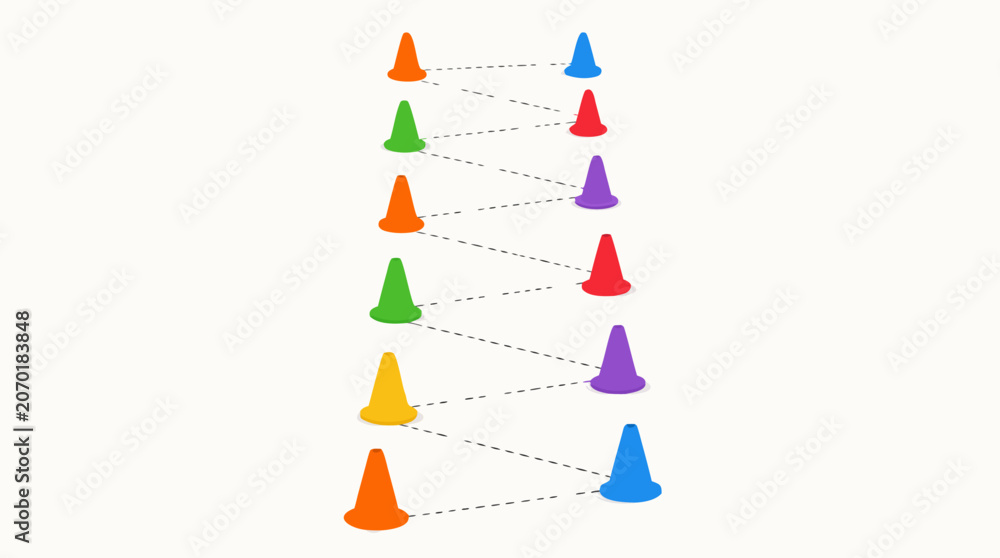 Fototapeta premium Professional soccer training cones arranged in a zig-zag pattern for agility drills, sports equipment for football practice sessions, flat vector illustration on a clean light background.