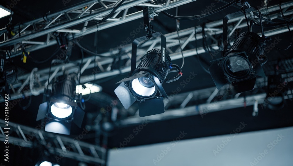 Obraz premium Studio lighting grid viewed from below medium shot focuses on sleek fresnel fixtures with soft blue light surroundings out of focus highlighting modern film production environment.