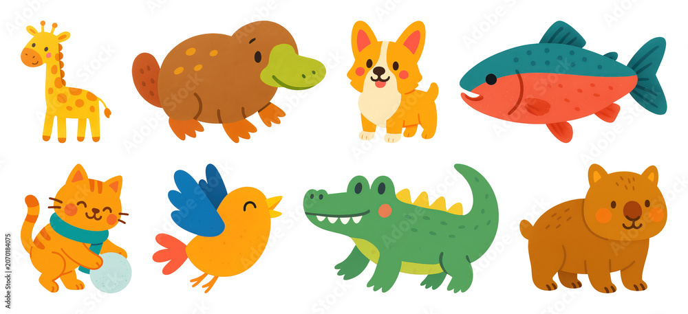 Naklejka premium PNG Colorful cartoon animal illustrations, element set on transparent background