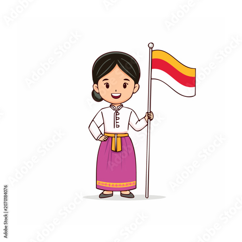 Cartoon girl in traditional outfit holding flag
