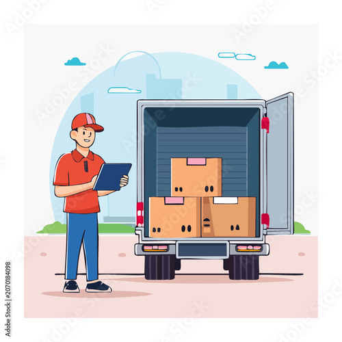 Cartoon delivery man with tablet and open truck