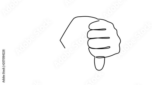 Hand thumbs down gesture with letter X cross shape one line art animation, hand drawn continuous contour movie reject disapproval failure negative no text quote motion. 4k self-drawing