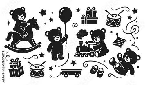 Playful Baby Teddy Bears with Toys and Nursery Accessories Black Vector Illustration Set