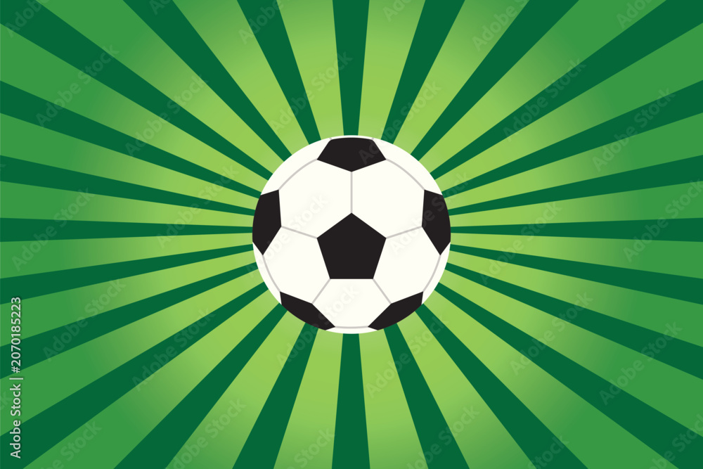 Obraz premium soccer ball on vibrant green background with radiant light beams, football sport banner, championship, tournament and game day concept- vector illustration