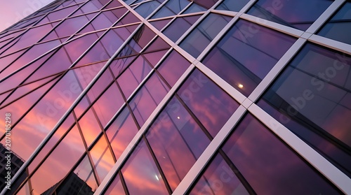 Dusk Illuminated Glass Tower Dominates Waterfront City Skyline.