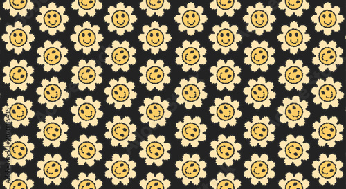 Retro Groovy Smiley Face Daisy Flower Seamless Pattern in Black and Yellow with Distressed Pixel Texture. Illustration Vector
