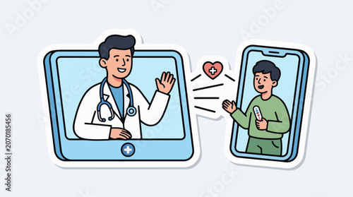 A doctor and patient interact via video calls on large smartphones