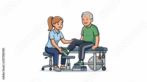 A cartoon woman assisting an elderly man exercising on a therapy table