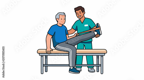 A healthcare professional assists an older adult with leg exercise