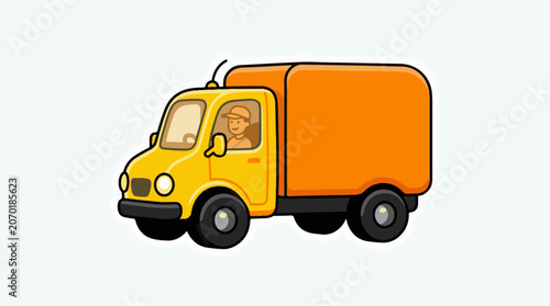 A cartoon illustration of a smiling delivery man driving an orange and yellow truck