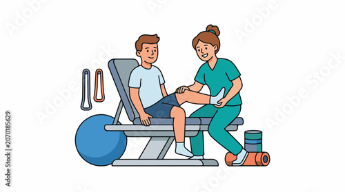 A physical therapist helps a patient with leg exercises on a bench