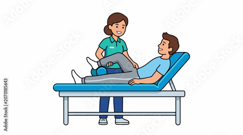 A woman assists a man lying on a blue treatment table
