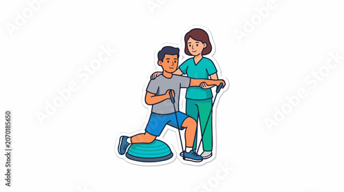 A man with one knee on a balance disc and a woman supporting him