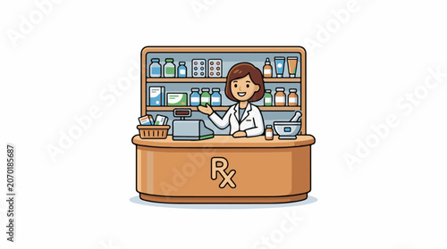 A female pharmacist in a white lab coat stands behind a wooden pharmacy counter with a prescription sign, surrounded by shelves stocked with various medications and products