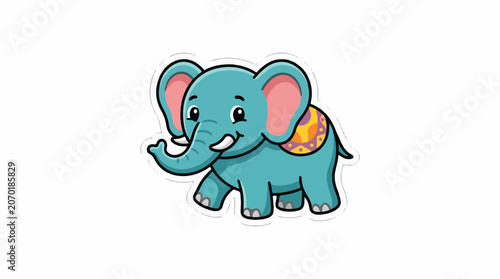 A cute cartoon blue elephant with colorful saddle and big ears