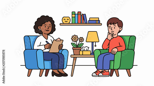 A woman and man sit in armchairs with table