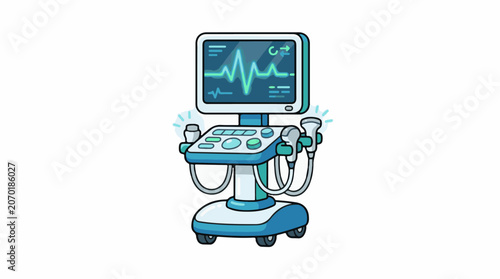 A medical device with a monitor displaying a heart rate graph on a wheeled stand