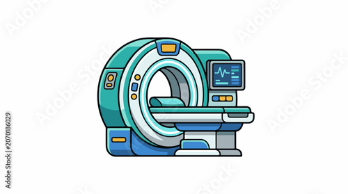 A colorful cartoon-style illustration of a medical MRI machine with a monitor