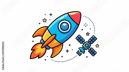 A cartoon rocket ship with satellite flying through stars