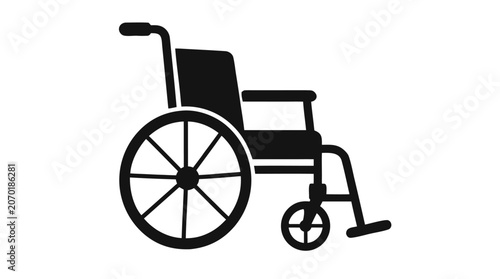 Minimalist silhouette of a hospital wheelchair icon on a clean light background, professional medical equipment flat vector illustration for healthcare accessibility and patient mobility design.