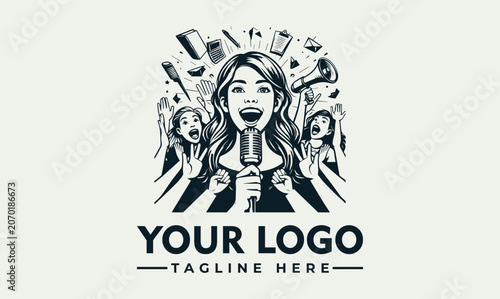 Dynamic Woman Speaking into Microphone Vector Logo Illustration Design