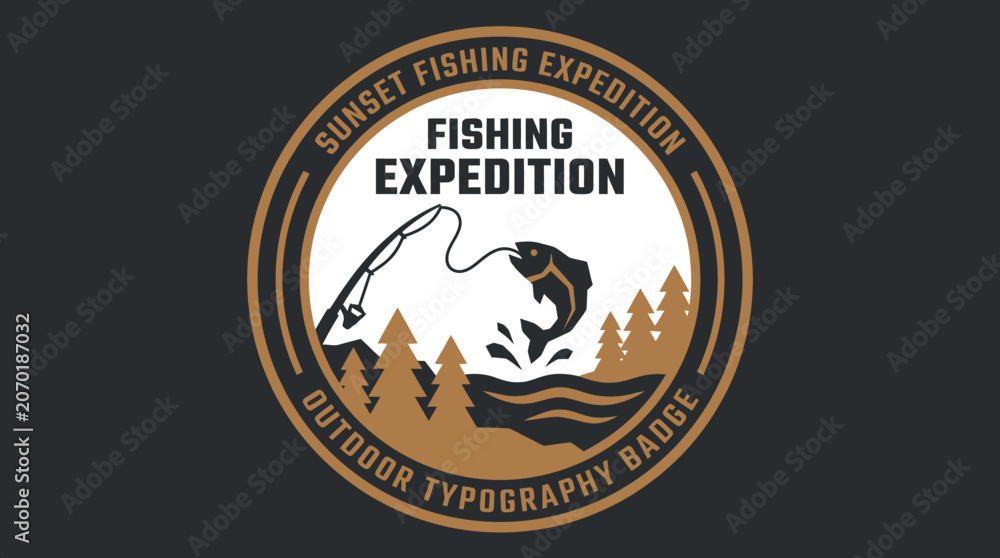 Fototapeta premium Vibrant Sunset Fishing Expedition Badge Classic Outdoor Adventure Emblem Featuring Leaping Fish and Forest Silhouettes