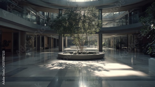 Clean contemporary corporate atrium with a central circular planter and tree, bright sunlit marble floors reflecting warm light for a spacious, elegant office lobby ambiance