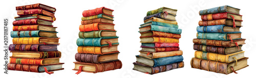 Stacking watercolor old books, creating colorful piles of vintage literature, representing education, knowledge, reading, and storytelling on a white isolated background
